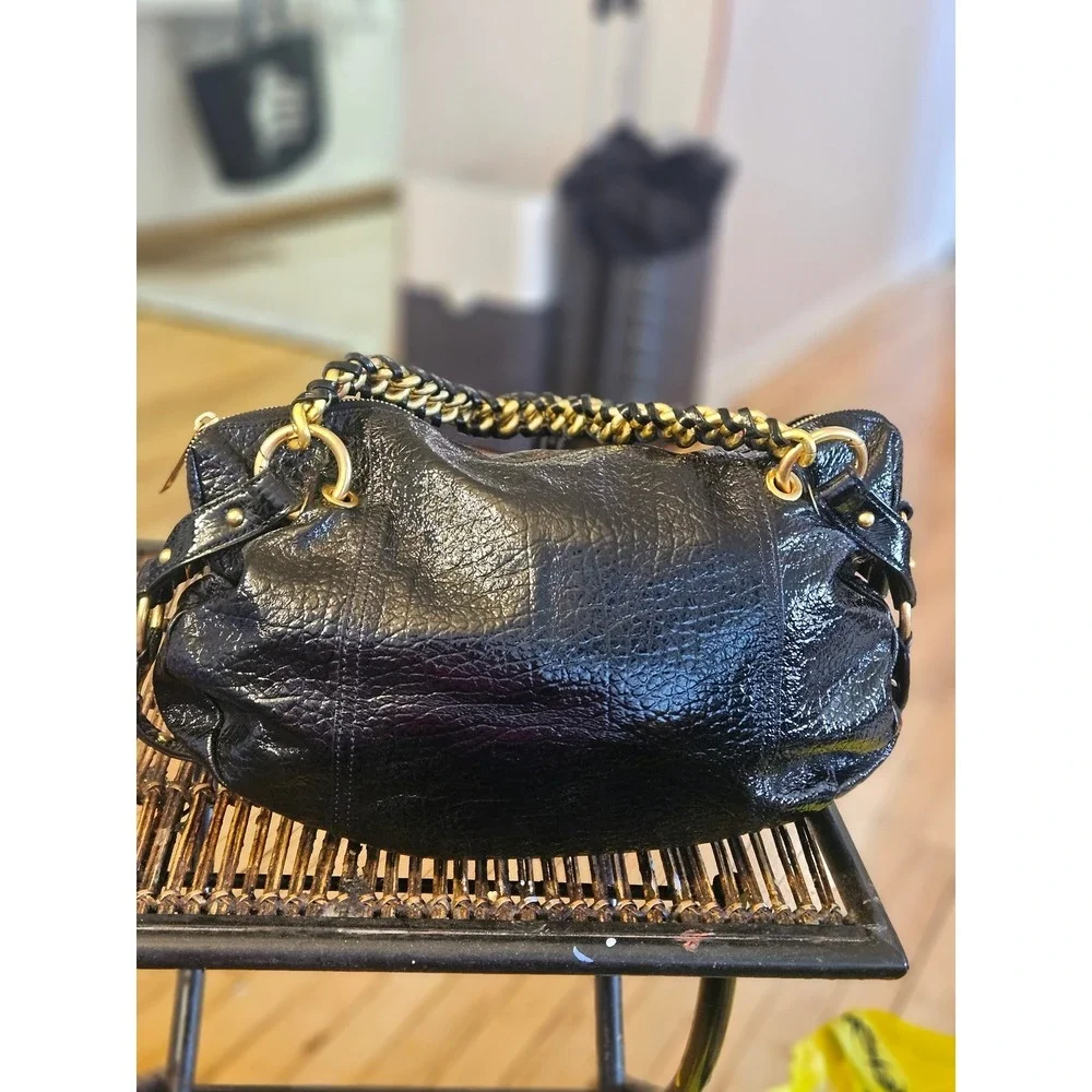 Michael Kors Fulton Black Crinkled Patent Leather Hobo Bag Gold Chain Strap